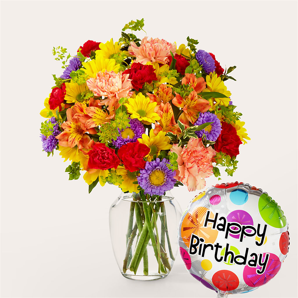 Kaleidoscope Bouquet with Birthday Balloon – Blooms By The Lake, Lake Arthur LA