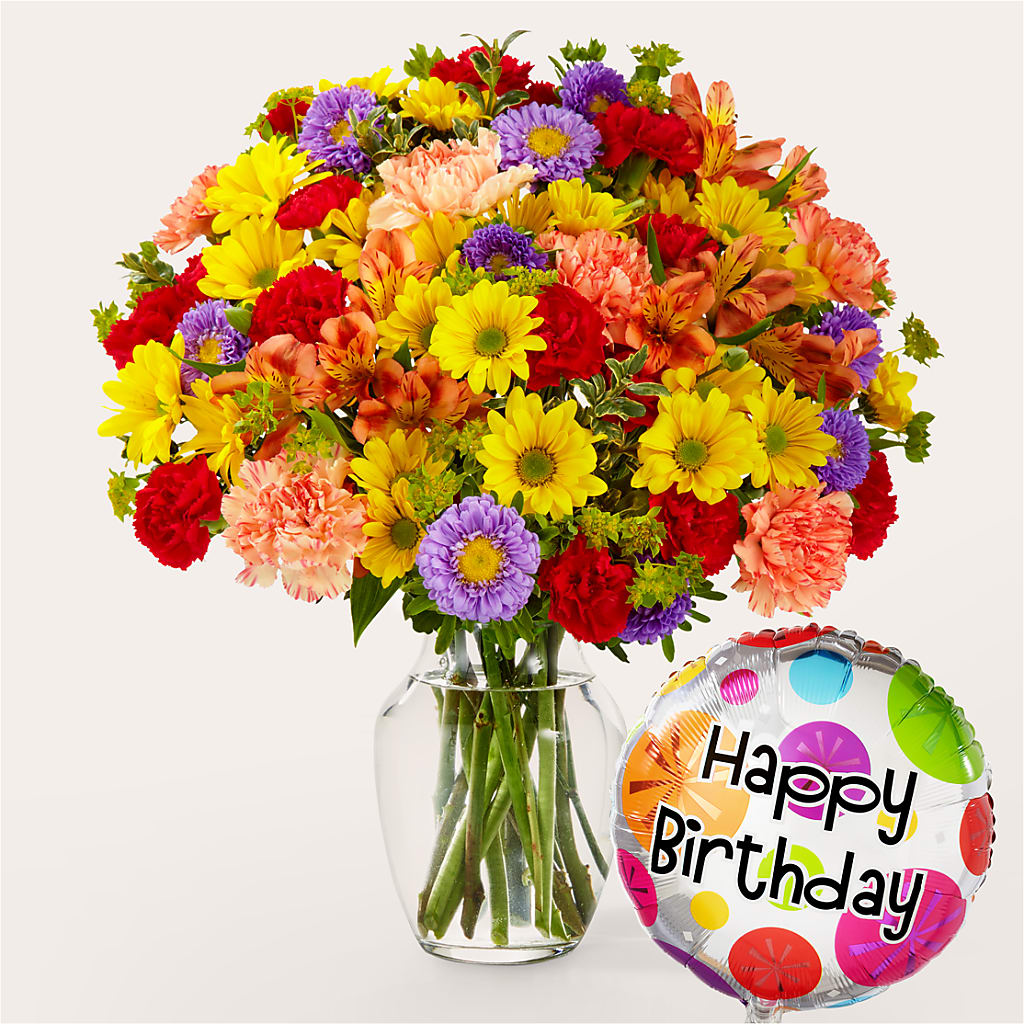 Kaleidoscope Bouquet with Birthday Balloon – Blooms By The Lake, Lake Arthur LA