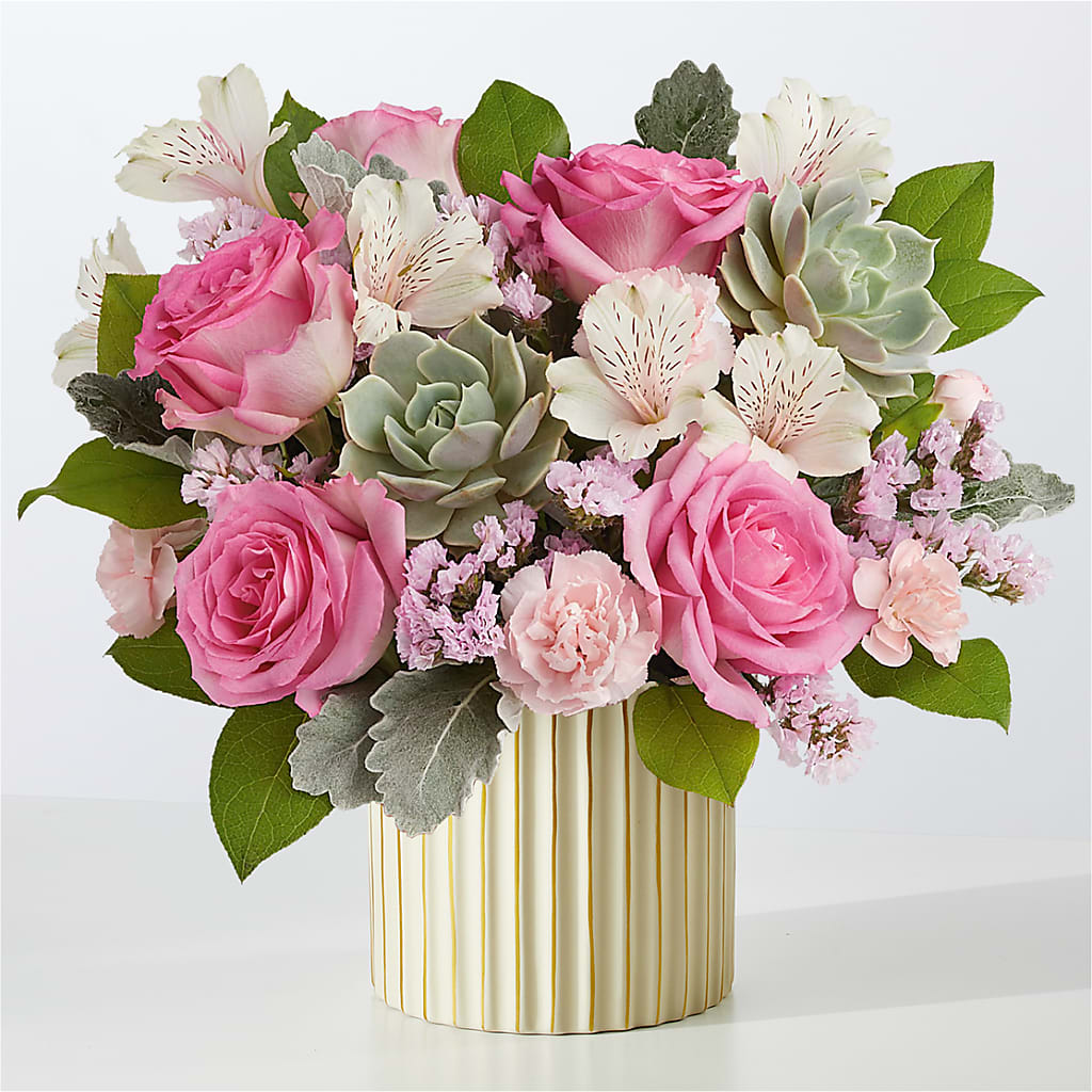 Dusty Rose Bouquet with Ivory Vase – Blooms By The Lake, Lake Arthur LA