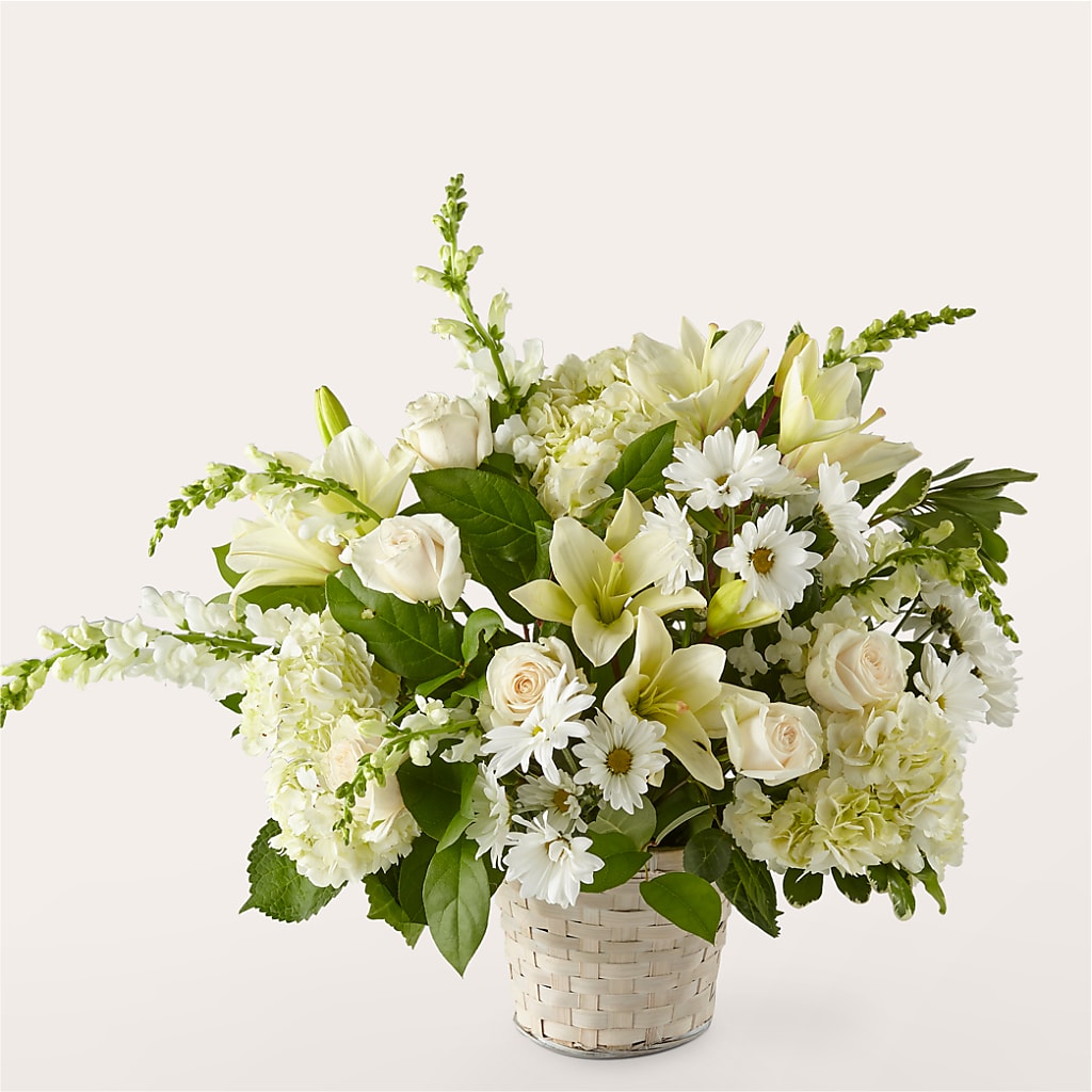 Ivory Elegance Floral Basket – Blooms By The Lake, Lake Arthur LA
