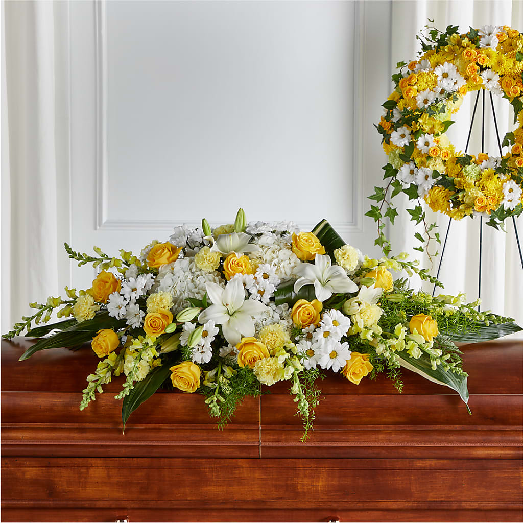 Golden Harmony Casket Spray – Blooms By The Lake, Lake Arthur LA