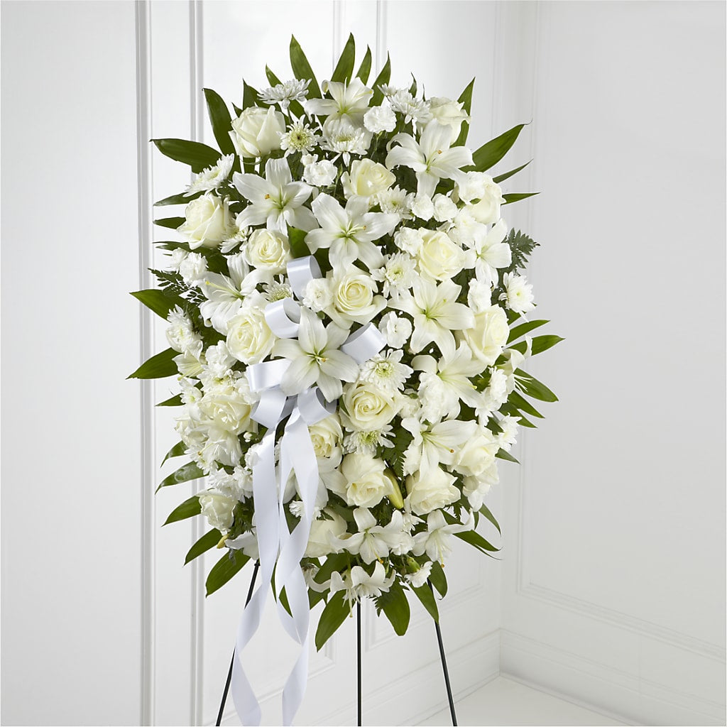 Exquisite Tribute Standing Spray-White Ribbon – Blooms By The Lake, Lake Arthur LA