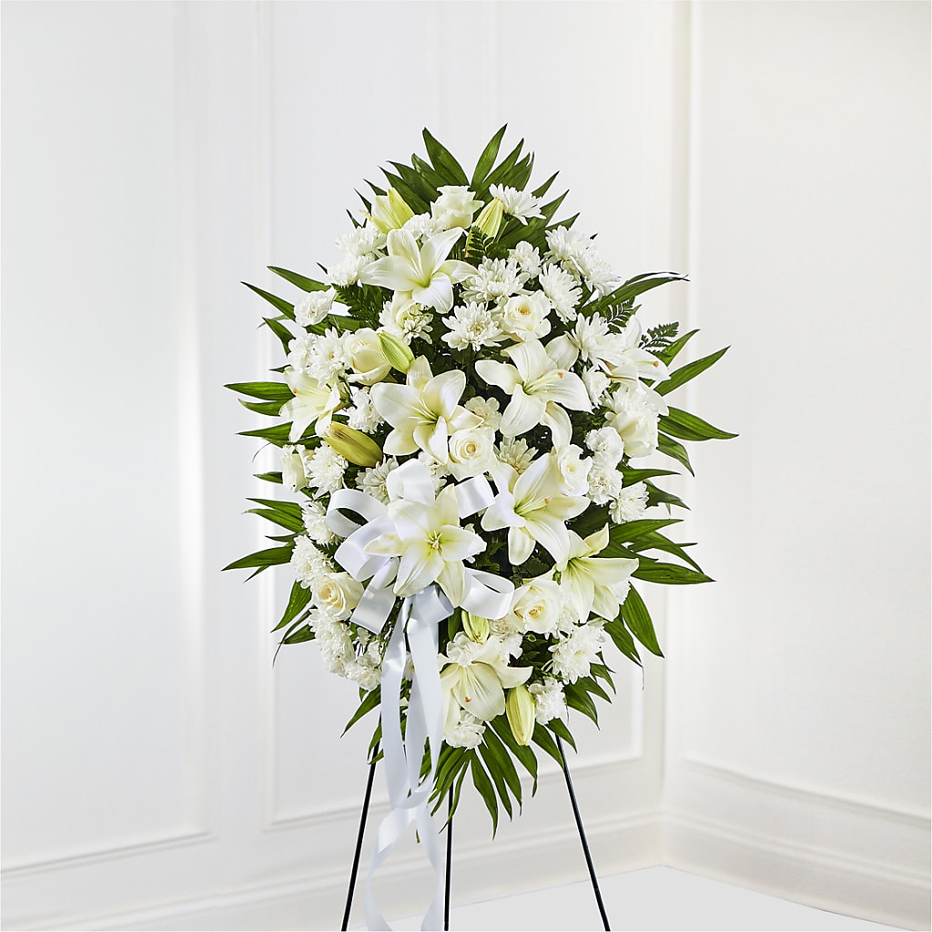 Exquisite Tribute Standing Spray-White Ribbon – Blooms By The Lake, Lake Arthur LA