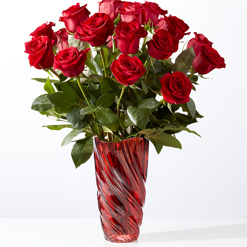 Classic Love Red Rose Bouquet with Luxe Swirl Vase – Blooms By The Lake, Lake Arthur LA