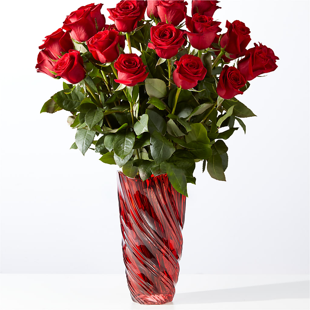 Classic Love Red Rose Bouquet with Luxe Swirl Vase – Blooms By The Lake, Lake Arthur LA