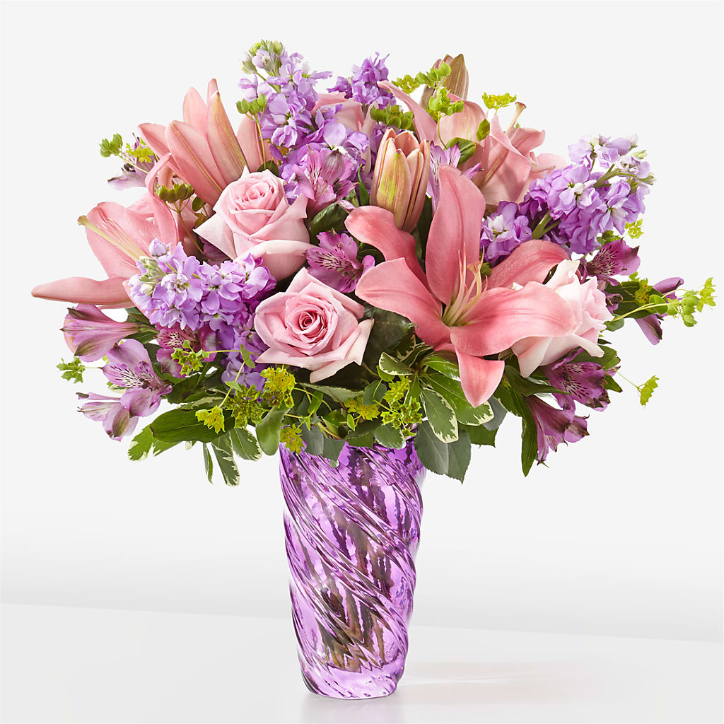 Precious Petals Bouquet with Luxe Swirl Vase – Blooms By The Lake, Lake Arthur LA